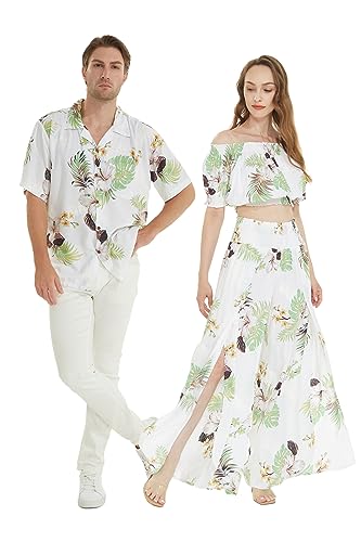 Matchable Couple Hawaiian Luau Shirt Smock Top Wide Legged Pants in Pineapple Garden White