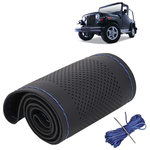 Image of KINGSWAY PU Leatherite Car Steering Cover Sewable Compatible with Mahindra Thar (Year 2010-2019), Black Color with Blue Thread, Pack of 1 with Sewing Needle and Thread