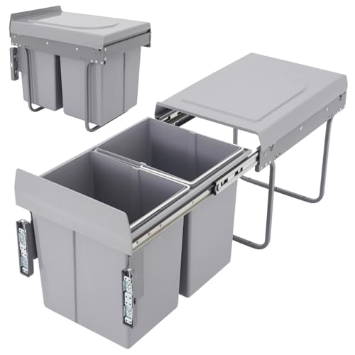 DAOHHFO Froland Poubelle encastrable avec fixation inférieure, 2 bacs extensibles de 20 l, antidérapante, système de tri des déchets, grise