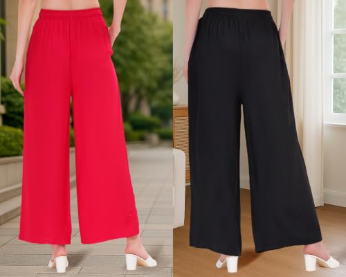 Image of Buy That Trendz Palazzo Pants for Women Cotton Rayon Elasticated Regular Fit Flared Wide Leg M to 6XL Pack of 2