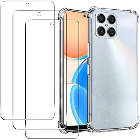 carinacoco Clear Case for Honor X8 with 3 Tempered Glass Screen Protector, Ultra Slim Fit Soft TPU Corner Bumper Airbag Drop Protection Shockproof Anti-Scratch Crystal Clear Phone Cover Cover