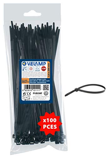 VELAMP - Fascette Stringicavo Nere 3,6x200mm, 100 Pz - Fascette Plastica Stringitubo Adatte a Cablaggi Elettrici e Lavori Fai da Te, Resistenti a Rottura, UV e Temperature - Diametro Legatura Max 53mm