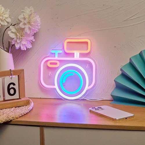 Image of LED Camera Neon Sign, USB Powered Night Light, 3D Wall Art Decor Lamp for Game Room, Bedroom, Living Room, Party - Kids, Girls, Boys