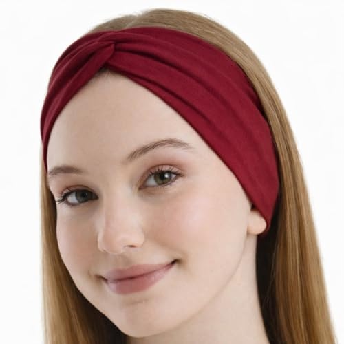 Womens Stretchy Knotted Headbands Solid Color Non-Slip for Yoga Workout Running (Burgundy 1 Size)
