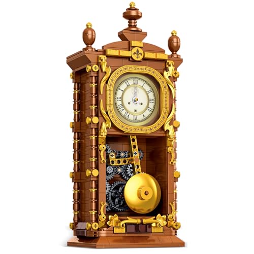 Vintage Swing Clock Building Blocks Set – 751 PCS Real Working Mechanical Clock with Alarm, Moving Pendulum & Rotating Dial, Retro Steampunk Decor Gift for Adults & Teens, Compatible with Lego Sets