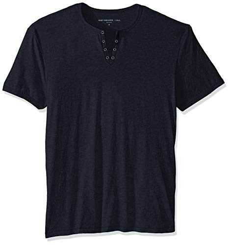John Varvatos Star USA Men's Short Sleeve Eyelet Henley Shirt, Indigo, Large