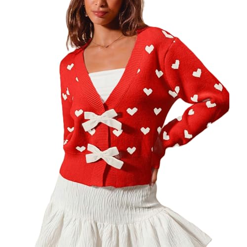 Image of Valentine's Day Cardigan Sweaters for Women Love Heart Print Button Down Cropped Cardigans Y2K Open Front Knit Sweater