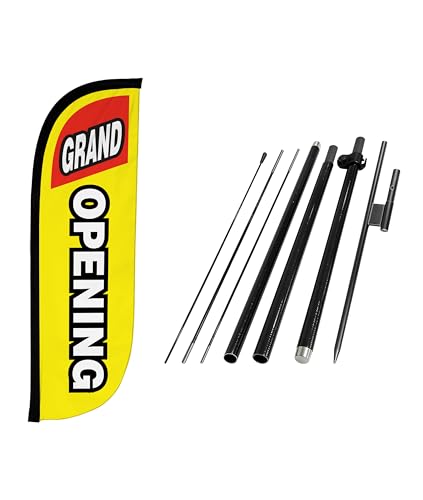 Image of LookOurWay Feather Flag Pole Kit - 7 Feet Tall Advertising Banner with Fiberglass Pole Set and Ground Spike for Business Promotion - Open Flags - Grand Opening Yellow & Red