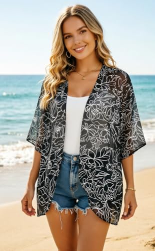 Image of FINOCEANS Womens Floral Chiffon Kimono Cardigans Loose Beach Cover Up Half Sleeve Tops