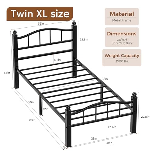 Image of Metal Twin XL Bed Frame with Headboard | Modern Headboard and Footboard,Noise-Free Design, 12 inch Underbed Storage,No Box Spring Needed, Tool-Free Assembly