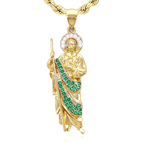 1.25Ctw Ruby Emerald 14K Yellow Gold Religious Saint Judas Pendant 1.77", Emerald #TOP9