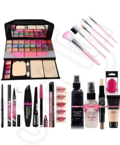 JustTya | Professional Multicolor 6155 Makeup Kit with 5 Pink Makeup Brushes Set, 1 Aloevera Color Changing Magic Lipstick, Fixer, Primer, Contour, Foundation, 3in1 Eye Combo, 36H, Kajal and 1 blander-(Pack of 17)