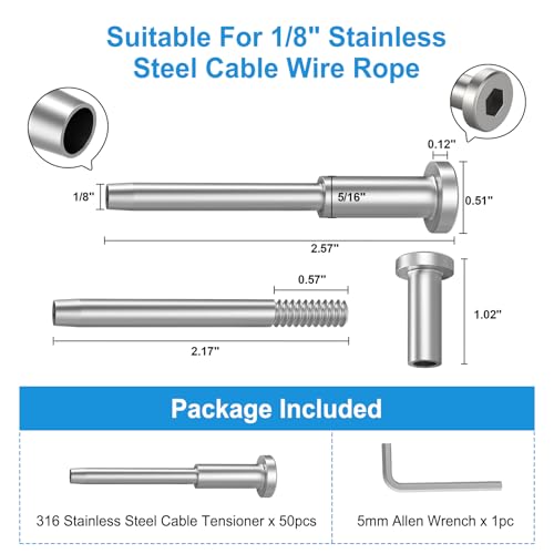 Image of 50Pack 1 /8 inch Invisible Cable Railing Kit, T316 Stainless Steel Invisible Receiver and Swage Stud End for Cable Railing, Hidden Swage Tensioner for Wood&Metal Cable Post, Wire Railing Kit, RG60
