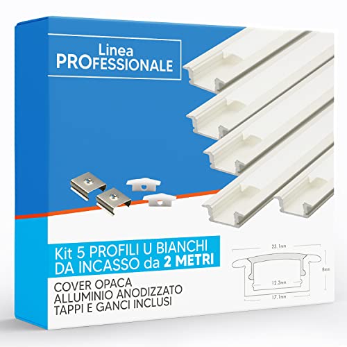 Eurekaled Profilo Alluminio Bianco da INCASSO 2 metri per Strisce LED con Copertura Opaca, Tappi e Ganci inclusi (5pz da 2 metri)