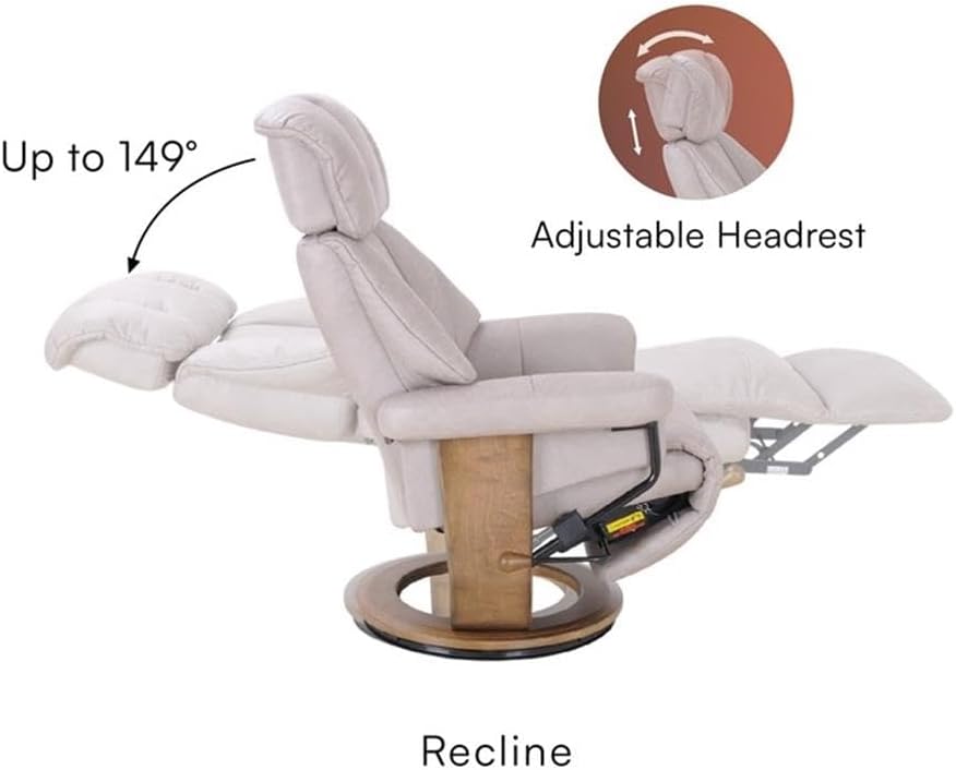 Pemberly Row Swivel Recliner with Folding Chaise, Light Gray Leather-Look Fabric, 33" W x 34.3" D x 41.3" H, Adjustable Headrest, 360° Swivel, Modern Style, Living Room or Home Office Lounge Chair