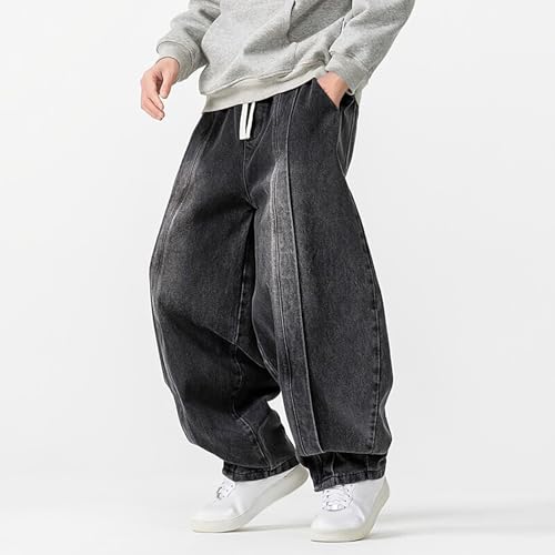 Men's Fashion Harem Pants Jeans, Classic Contrast Wash Baggy Denim Pants Drawstring Pockets Going Out Trendy Clothes3