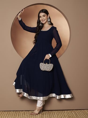 Image of KZA Women's Georgette Hand Embroidered Flared Anarkali Suit for Women | Full Sleeves Flare Anarkali Dress for Woman | Ethnic Flared Anarkali Kurta for Women