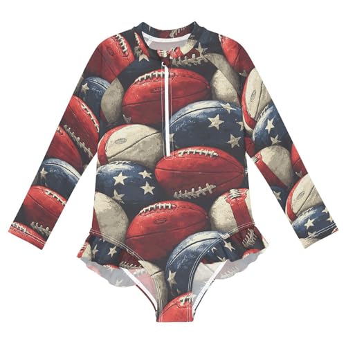 ALAZA Rugby Ball Star American Football Girls One Piece Swimsuit Long Sleeve Rash Guard Swimsuits UV 50+ Swimwear Zipper