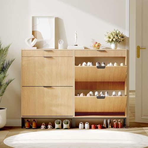 Garvee Fluted Shoe Storage Cabinet with 2 Flip Drawers, Slim Wood Shoe Organizer, Narrow Entryway Furniture with Storage for Small Spaces, Hallway Entrance Apartments, Natural