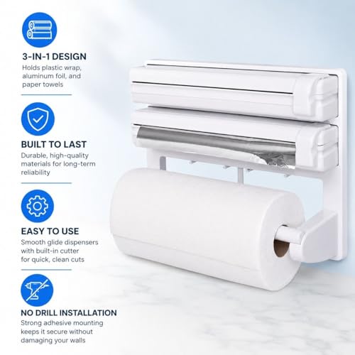 Image of Wall Mounted Foil and Cling Film Dispenser with Cutter - 3 in 1 Kitchen Wrap Organizer with Paper Towel Holder for Aluminium Foil, Butter Paper, Food Wrap and Roti Sheets