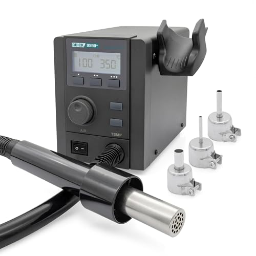 QUICK QU959D+ Heißluft Lötstation Sensor-geregelt und digital einstellbar, 3 Festspeicher - 580 Watt/Temperatur 100-500 °C - Heißluft 40L/Min - SMD Reworkstation - Standby - Auto-Kühlsystem
