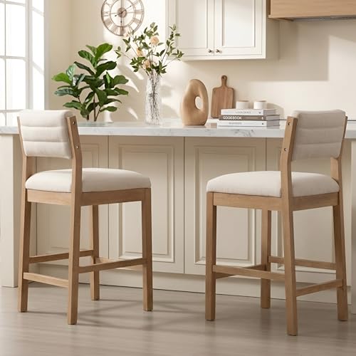 Image of CIMOTA 26 inch H Counter Height Bar Stools Set of 2, Wooden Bar Stools with Backrest, Linen Upholstered Kitchen Island Stools, 330LBS Load Bar Chairs for Kitchen, Cafe, Restaurant