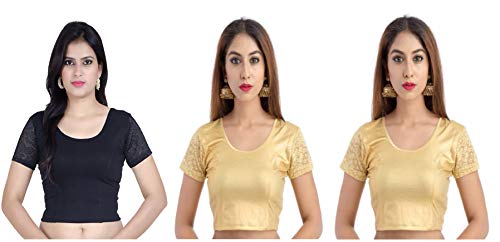 Image of Fressia Fabrics Women's Stretchable Readymade Saree Blouse Pack of 3-100black 117gold XXX