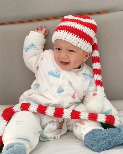 2 Pieces Baby Christmas Elf Knitted Hat Pom-pom Caps Crochet Beanie Thanksgiving Santa Gifts (6 to 36 Months Toddler)4