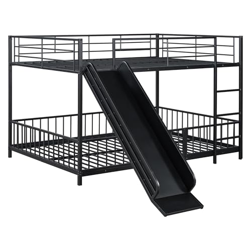 Image of Bellemave Full Over Full Bunk Bed with Slide and Ladder, Metal Low Bunk Bed for Kids, Girls, Boys, Removable Fence, with Door, Black