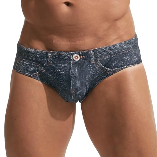 PINKY SENSON Swim Briefs Men's Faux Jeans Print Quick-Dry Beachwear Adjustable Drawstring Surf Board Shorts for Water Sports Light Black L