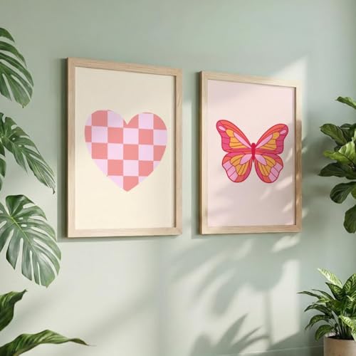Image of NoWorries Pink Aesthetic Heart & Butterfly Wall Art Framed Painting Set | Cute Minimal Art Prints | Premium 300 GSM Paper Print with Synthetic Wooden Frame | Modern Wall Decor for Bedroom, Living Room, Girls Room & Studio (Set of 2) (NATURAL, ART-3, 10X13INCHES)