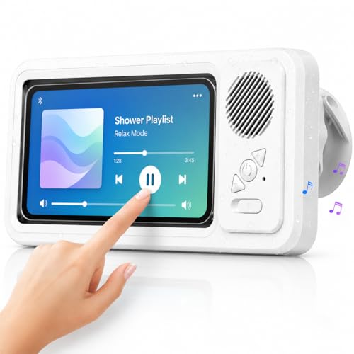DUBIGNB Waterproof Shower Phone Holder with Built-in Bluetooth Speaker Wall Mount Touch Screen Phone Case for Bathroom Anti-Fog Window Fits Smartphones up to 7 Hands-Free Video & Music (White)