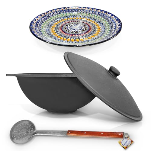 ZARENHOFF Set – Uzbeko Hierro fundido Kazan 22 L Ø 52,7 cm Base Redonda Tapa Aluminio Fundido Espumadera 64 cm Lagan 42 cm Uzbeko Plov Olla WOK Ljagan Namangan Asia (Set – 630)