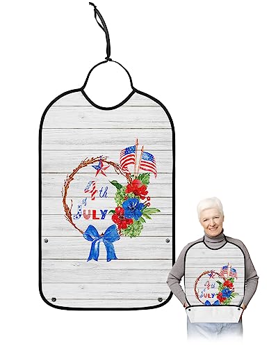 4th of July Adult Bibs for Eating, Waterproof Bibs with Food Catcher & Adjustable Snap Closure, Spring Floral Wreath Independence Day Washable Clothing Protectors Adult Bibs for Elderly Women/Men
