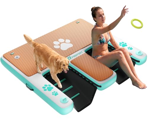 FBSPORT Inflatable Dog Boat Ramp with Double Water Ladders 62x59 Non-Slip EVA Covered Floating Ladder Dog Water Ramp for Pets and Adults - 400 lbs Capacity