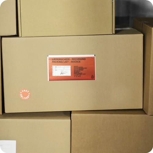 Netuno 250 rote Lieferscheintaschen selbstklebend DIN lang 131x 239 mm Begleitpapiertaschen Dokumententaschen Rechnungstaschen Pakettaschen Packlistenumschläge Lieferschein Rechnung bedruckt