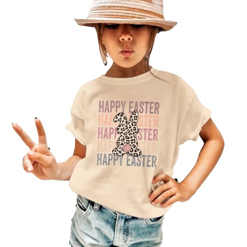 Image of GLIGLITTR Girls Happy Easter Shirts Leopard Bunny Tshirt Cute Rabbit Outfits Kids Easter Holiday Short Sleeve Tee Tops 7-12Y