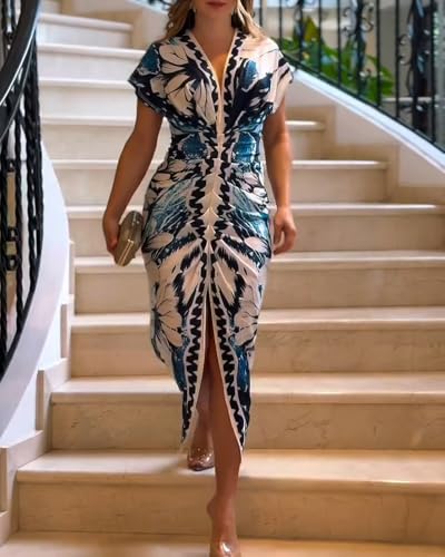 Image of CHICME Summer Dresses for Women Floral Print Plunge V Neck Midi Dress Casual Ruched Slit Bodycon Party Dress