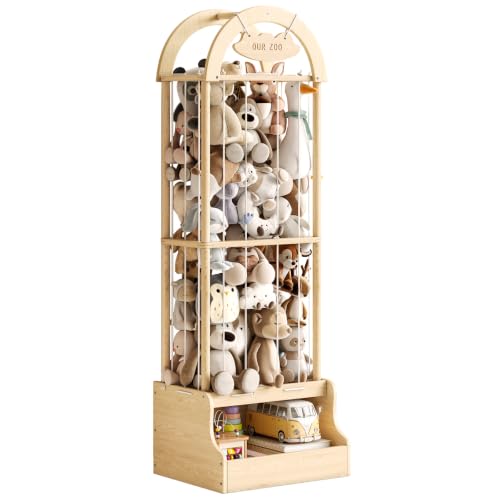 Image of Arched Stuffed Animal Storage Organizer, Wooden Stuffed Animal Zoo Holds 50+ Plush Toys, FSC Pine Wood Plush Toy Holder with Thick Elastic Cords, Open Bottom Cubby for Kids Room Nursery Playroom