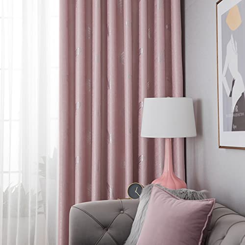 AMDXD Cotton Curtains for Bedroom Pink, Blackout Curtains Living Room Solid Color Feather Print Grommet Curtains Room 2 Panels 42Wx62H Inch