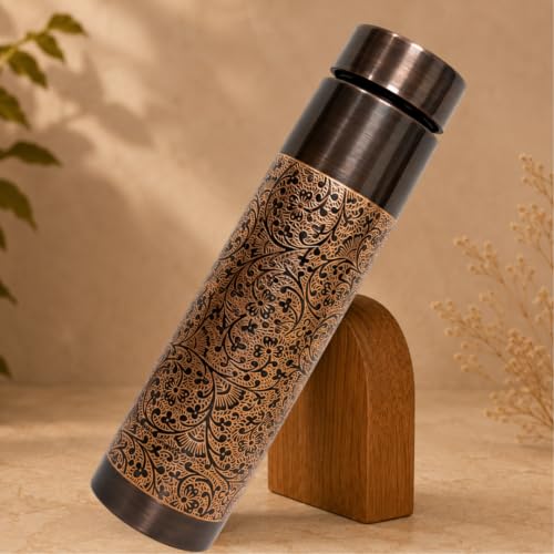 Image of Pure Copper Premium Water Bottle 1 Litre - Handcrafted Antique Dark Embossed Tamba Bottle for Ayurvedic Health Benefits, Leak-Proof Jointless Gym & Yoga Flask