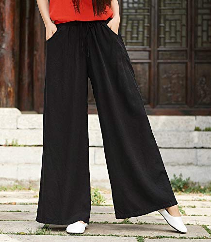 Womens White Cotton Drawstring Comfy Lounge Pants Black Gauze Casual Wide Leg Straight Leg Linen Pants for Women4