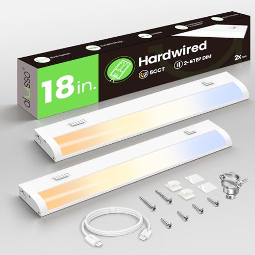 Image of ALUSSO 18 Inch LED Under Cabinet Lighting Hardwired 120V, 5CCT Color Selectable 2700K-5000K Dimmable 10W 800LM High Brightness, CRI 90+ Strip Linkable Under Counter Lights for Kitchen Sink, 2 Pack