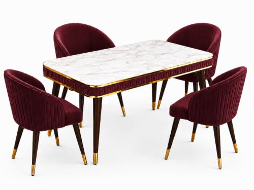 Image of WOODEN SPACE Majestic 4 Seater Wooden Dining Table Set | Urban Marble Top Dining Table with Chairs for Dining Room & Kitchen (Majestic Classic Backline Maroon) (54 x 36 x 30 inch)