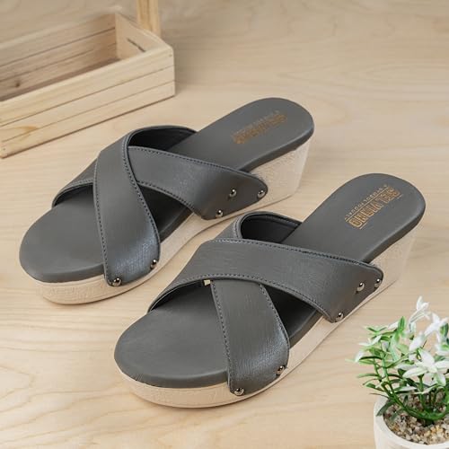 Image of Women Slip-On Open Toe Sandals with Criss Cross Broad Straps, Casual Daily Wear Footwear