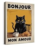 Funny Cat Wall Art Decor Bonjour Mon Amour Canvas Print Poster Framed Cat Picture Painting Wall Decorations for Home Kitchen Living Room 11x15 Inch
