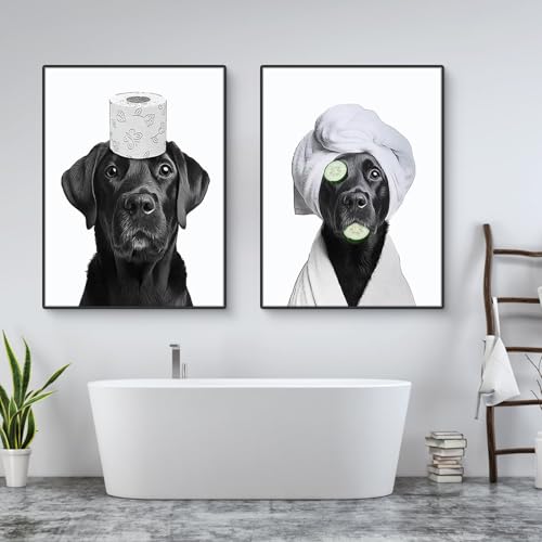Uixxducc 3 Stück Poster Badezimmer Bilder Badezimmer Deko Bilder ohne Rahmen lustige Hund Wanddeko Bild WC Toilette Deko Schwarz Weiß Wandbilder (21×30 cm)