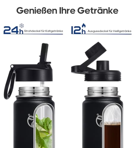 HydroPal Edelstahl Trinkflasche - 500/750ml/ 1L/1.2L/1.9L, BPA-Frei, Kohlensäure geeignet, Isolierte flasche mit Strohhalm & 2 Deckel