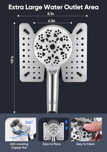 Image of Shower Head with Handheld High Pressure, Rain Shower Head with Fixed Showerhead and 9 Sprays Handheld Shower, Detachable 2-IN-1 Shower head with 59 inch Rotatable Stainless Steel Hose (Chrome)