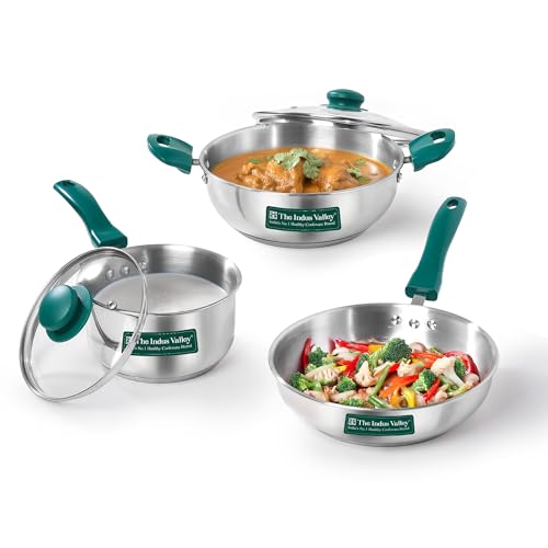 Image of The Indus Valley Stainless Steel Impact Bonded Bottom Cookware Set of 5 | Kadai 22cm with Glass Lid + Fry Pan 22cm + Saucepan 16cm with Glass Lid | Green Handles | Induction Compatible